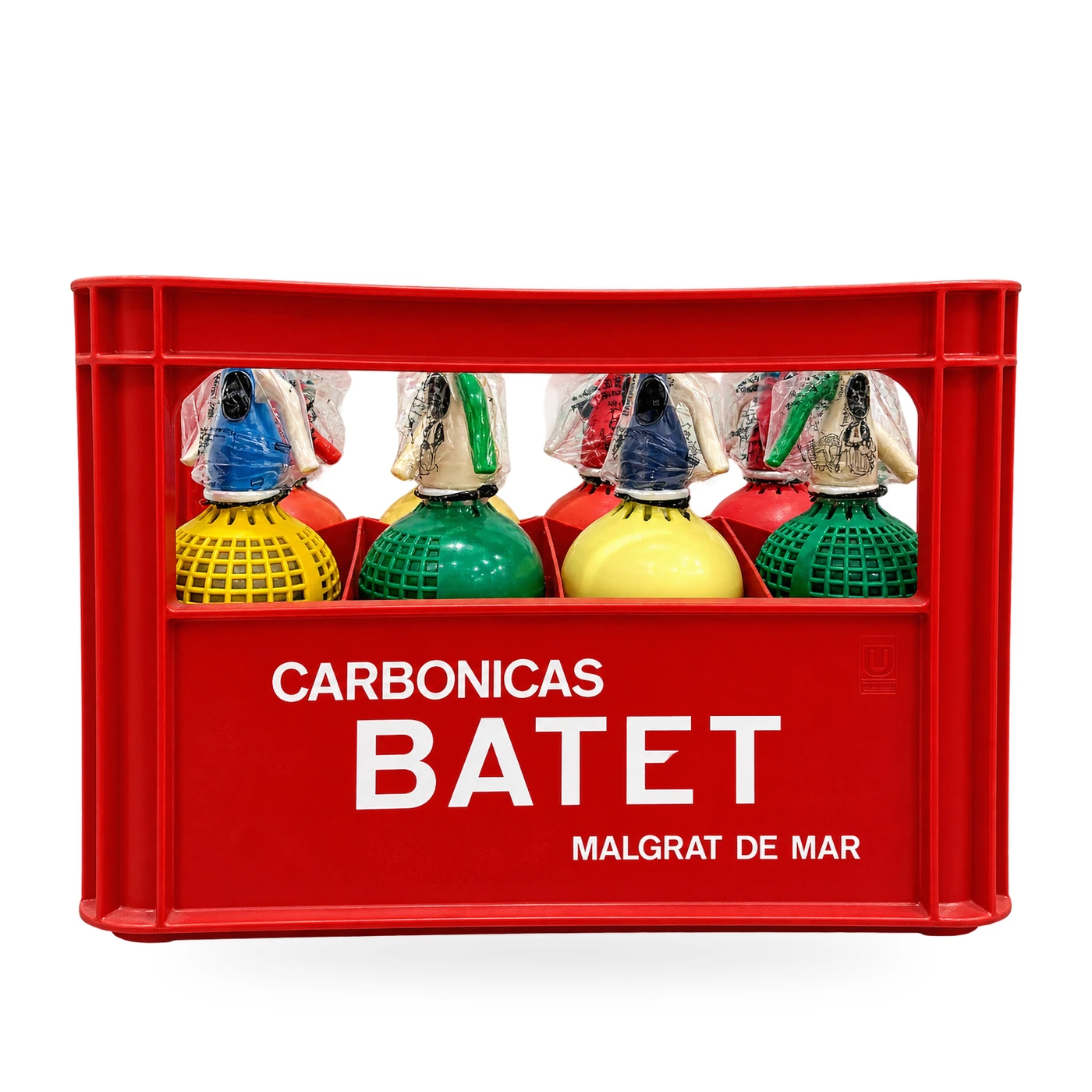 Caja vintage BATET roja con ocho sifones, cuatro delante y cuatro detrás