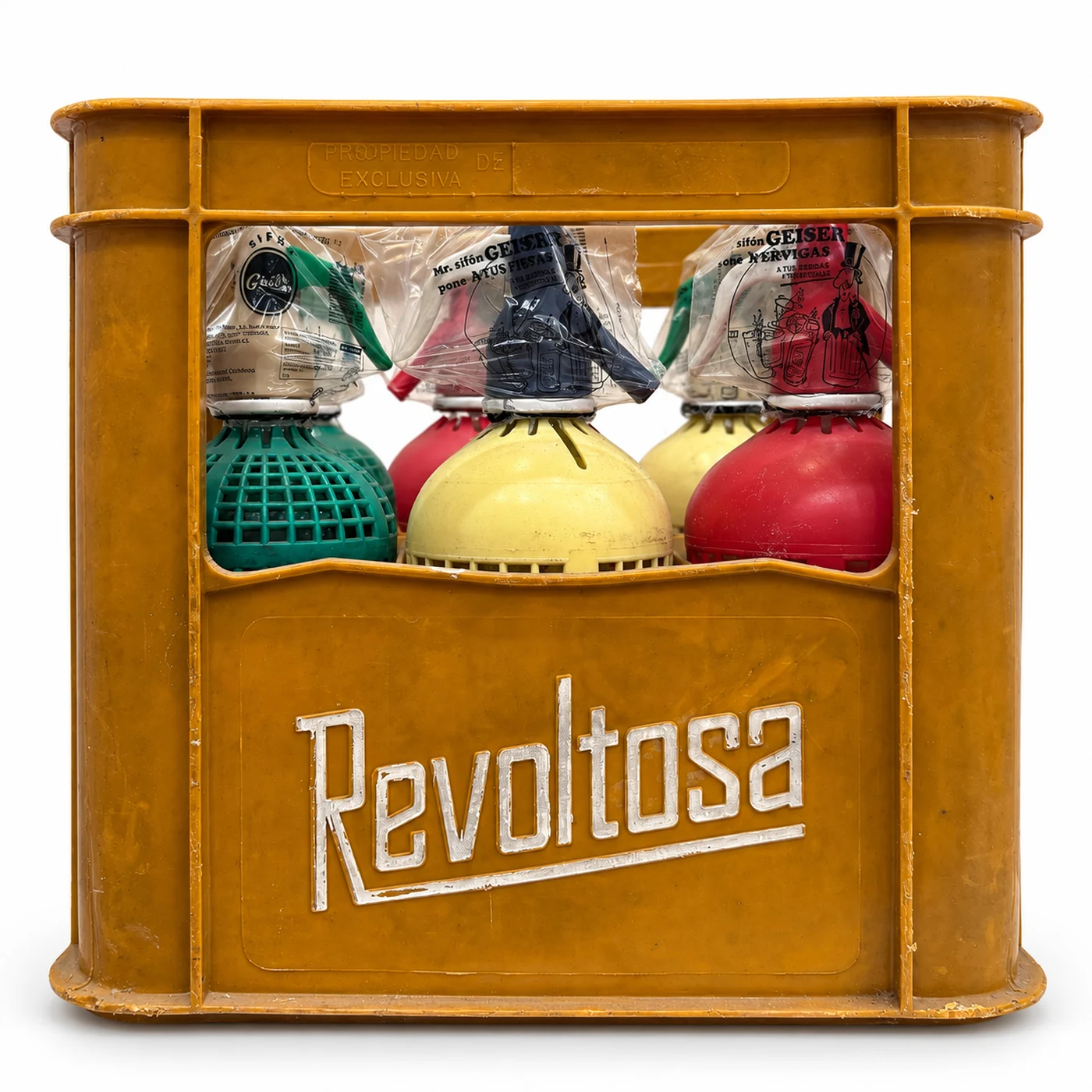 Caja vintage amarilla Revoltosa con seis sifones