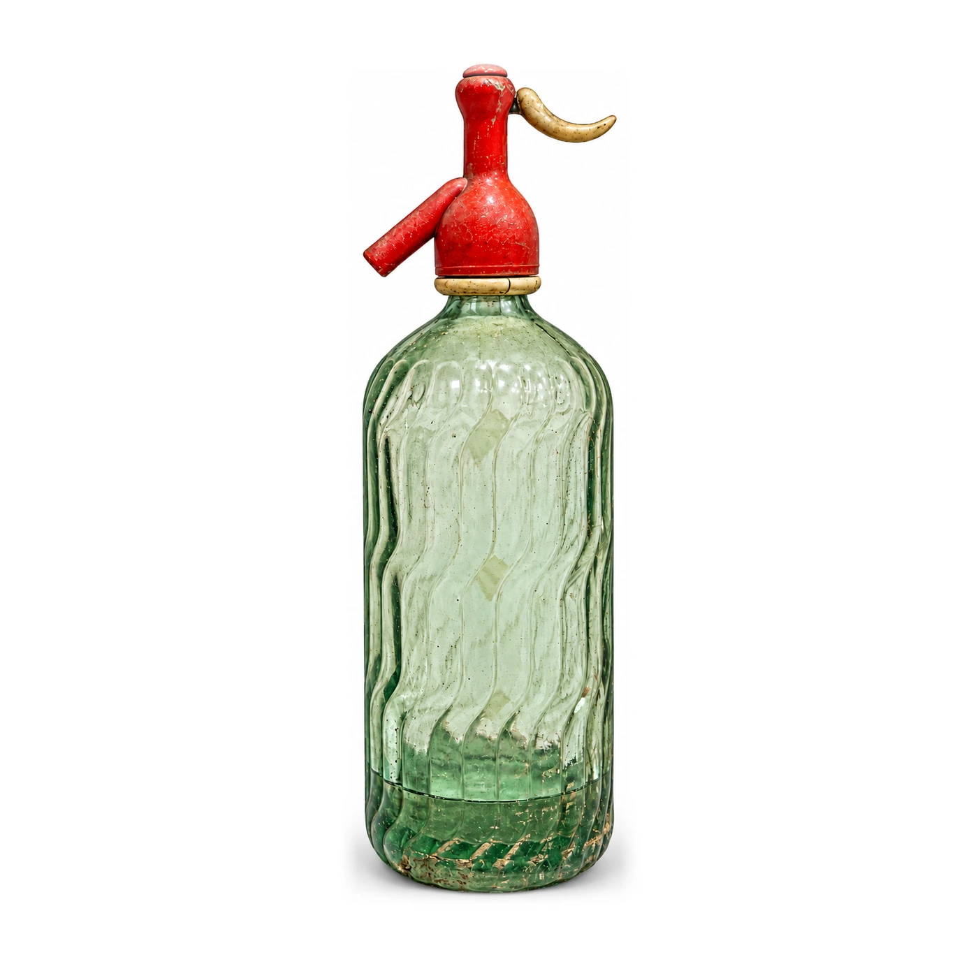 Sifón decorativo de vidrio ondulado verde con cabezal rojo y marcas originales